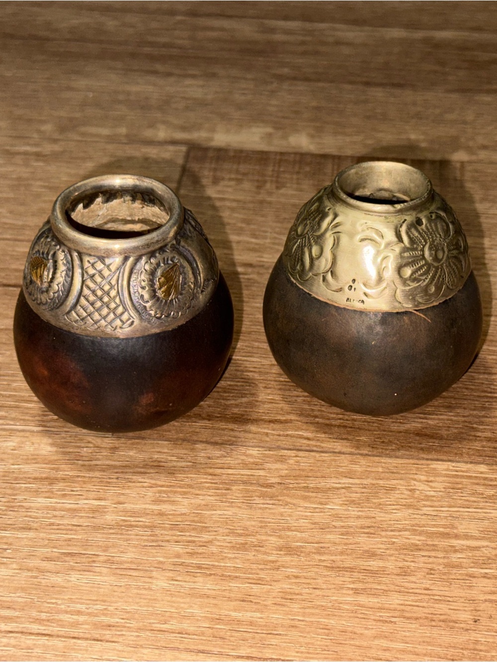 Vintage Argentina Yorba Mate Tea Matte Gourd - Silver And Gold - Pair